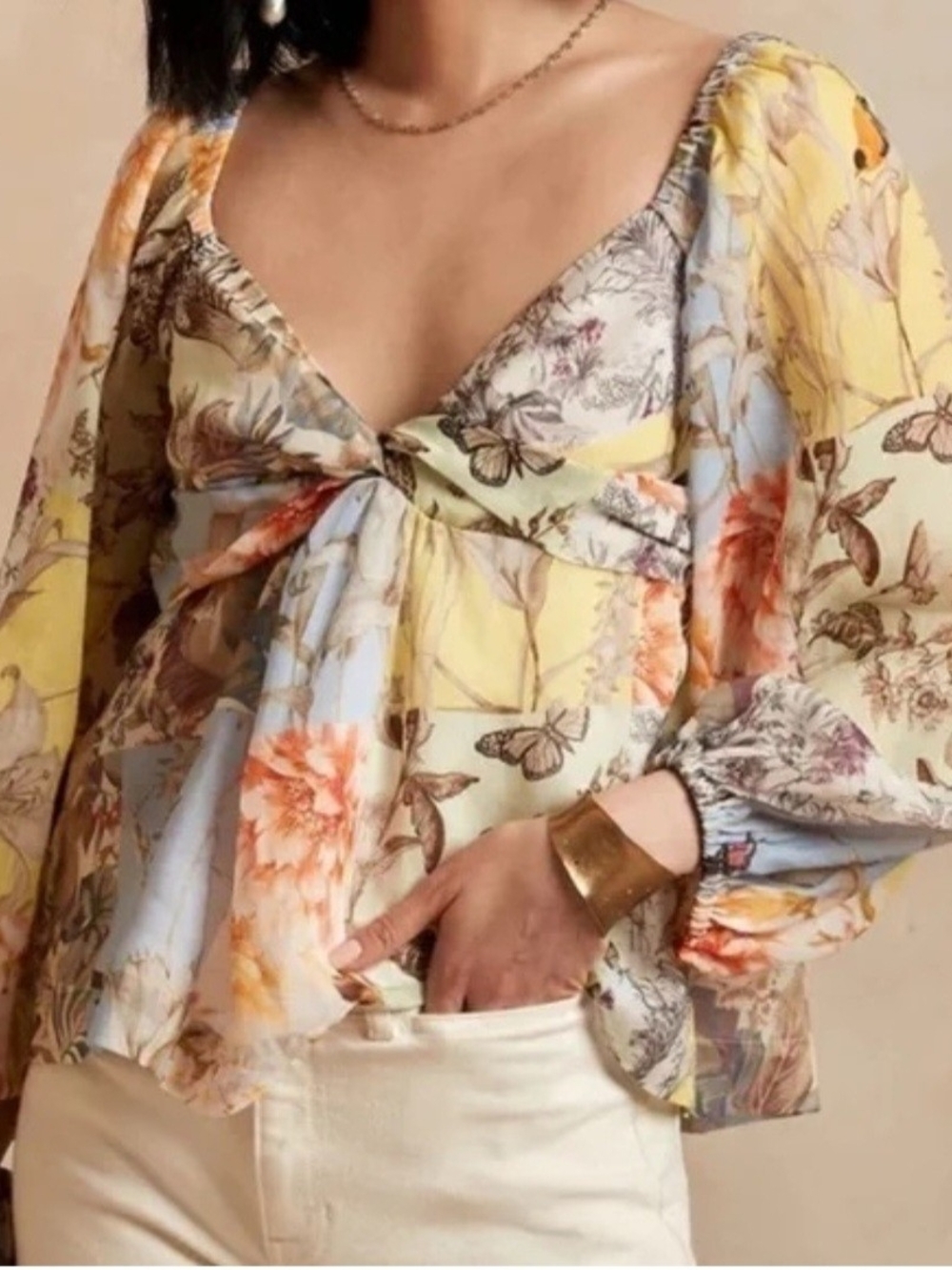 Banana Republic Floral Twist-Front Bust & Puff Sleeve Top, XL